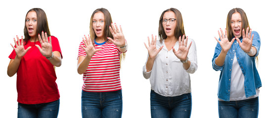 Collage of young beautiful girl over white isolated background afraid and terrified with fear expression stop gesture with hands, shouting in shock. Panic concept.