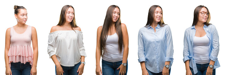 Collage of young beautiful brunette girl over white isolated background looking away to side with smile on face, natural expression. Laughing confident.