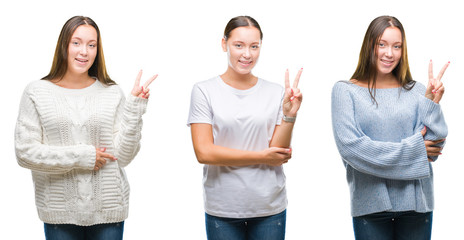 Obraz premium Collage of young beautiful girl wearing winter sweater over white isolated background smiling with happy face winking at the camera doing victory sign. Number two.