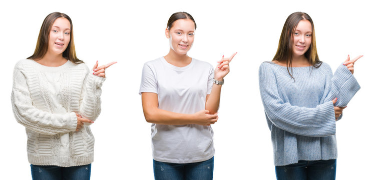 Collage of young beautiful girl wearing winter sweater over white isolated background with a big smile on face, pointing with hand and finger to the side looking at the camera.