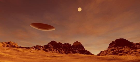 Extremely detailed and realistic high resolution 3D illustration of an UFO Flying Saucer on a Mars like planet © Sasa Kadrijevic