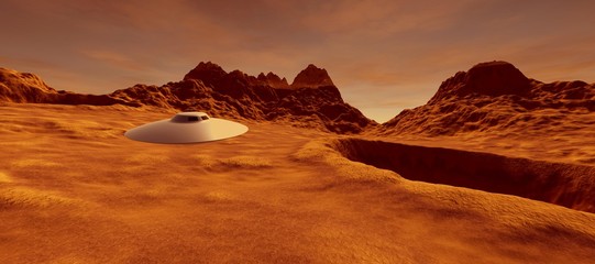 Extremely detailed and realistic high resolution 3D illustration of an UFO Flying Saucer on a Mars like planet