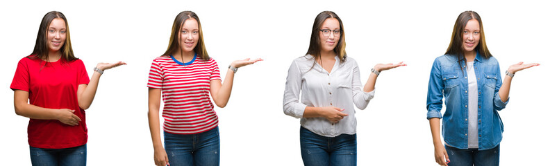 Collage of young beautiful girl over white isolated background smiling cheerful presenting and pointing with palm of hand looking at the camera.