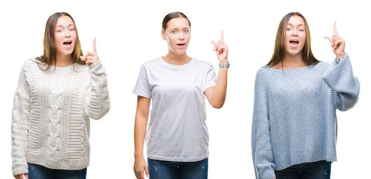 Collage of young beautiful girl wearing winter sweater over white isolated background pointing finger up with successful idea. Exited and happy. Number one.