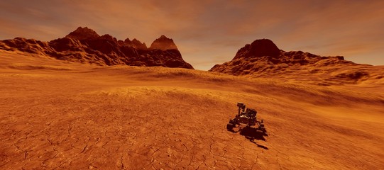 Extremely detailed and realistic high resolution 3d illustration of Mars exploration vehicle curiosity searching for life on martian landscape. Elements of this image are furnished by Nasa.