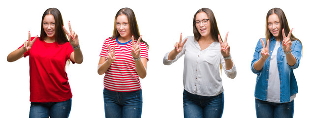 Collage of young beautiful girl over white isolated background smiling looking to the camera showing fingers doing victory sign. Number two.