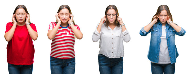 Collage of young beautiful girl over white isolated background covering ears with fingers with annoyed expression for the noise of loud music. Deaf concept.