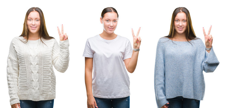Collage of young beautiful girl wearing winter sweater over white isolated background showing and pointing up with fingers number two while smiling confident and happy.