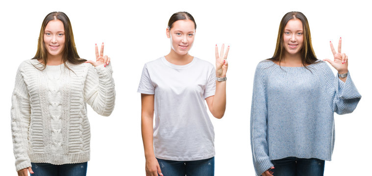 Collage of young beautiful girl wearing winter sweater over white isolated background showing and pointing up with fingers number three while smiling confident and happy.