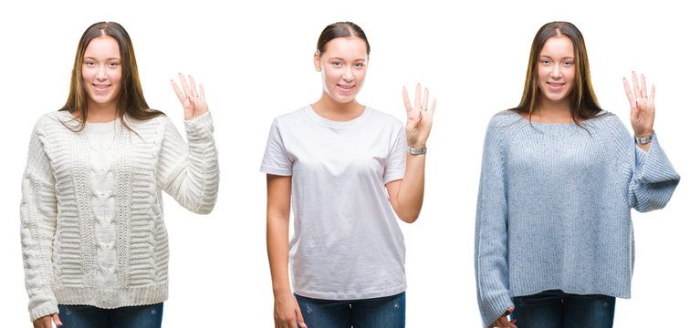 Collage of young beautiful girl wearing winter sweater over white isolated background showing and pointing up with fingers number four while smiling confident and happy.