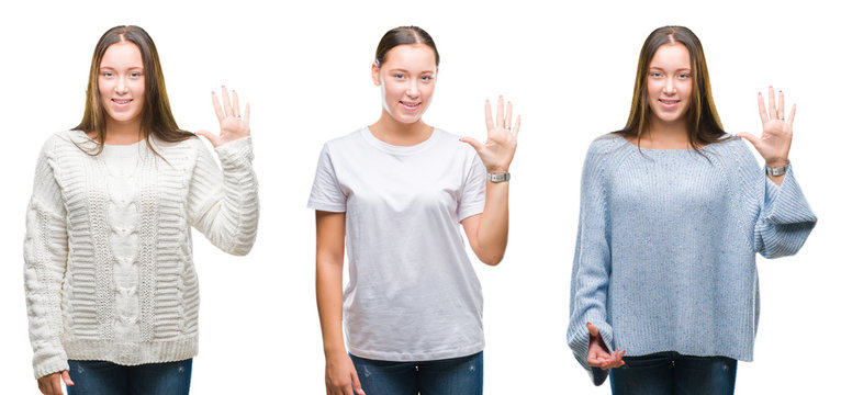 Collage of young beautiful girl wearing winter sweater over white isolated background showing and pointing up with fingers number five while smiling confident and happy.