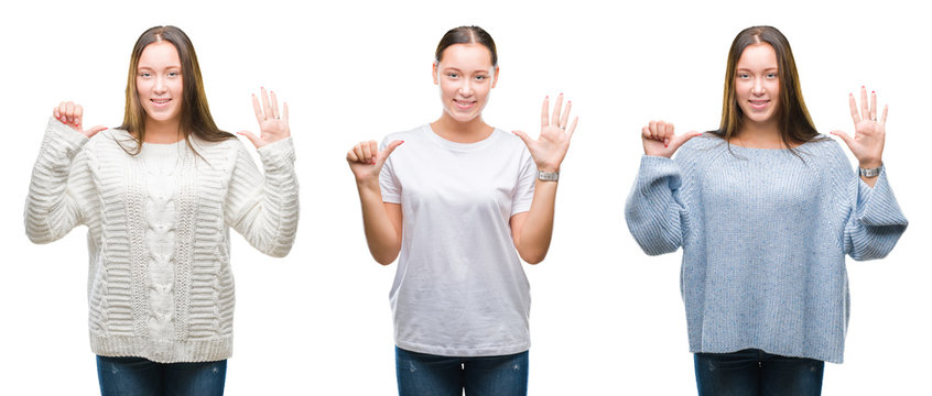 Collage of young beautiful girl wearing winter sweater over white isolated background showing and pointing up with fingers number six while smiling confident and happy.