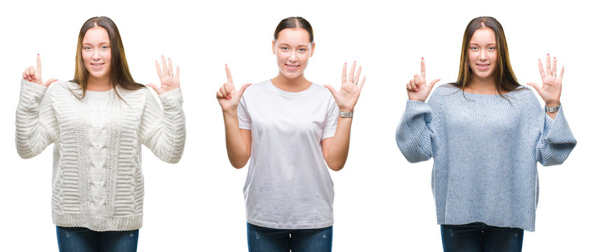 Collage of young beautiful girl wearing winter sweater over white isolated background showing and pointing up with fingers number seven while smiling confident and happy.