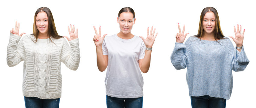 Collage of young beautiful girl wearing winter sweater over white isolated background showing and pointing up with fingers number eight while smiling confident and happy.