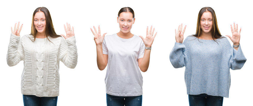 Collage of young beautiful girl wearing winter sweater over white isolated background showing and pointing up with fingers number nine while smiling confident and happy.