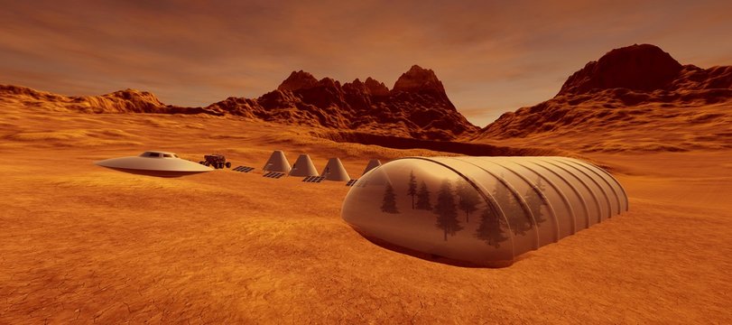 Extremely detailed and realistic high resolution 3d illustration of a Ufo Flying Saucer Space Ship on Mars like Planet