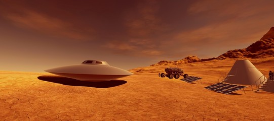 Extremely detailed and realistic high resolution 3d illustration of a ufo flying saucer space ship vehicle on mars like landscape © Sasa Kadrijevic