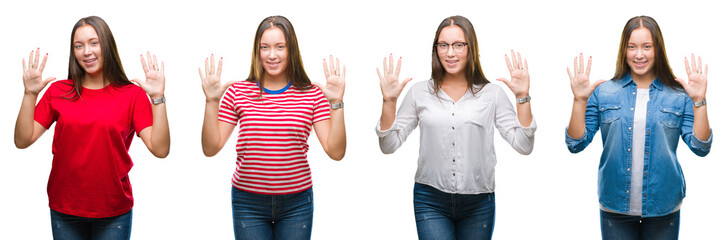 Collage of young beautiful girl over white isolated background showing and pointing up with fingers number ten while smiling confident and happy.