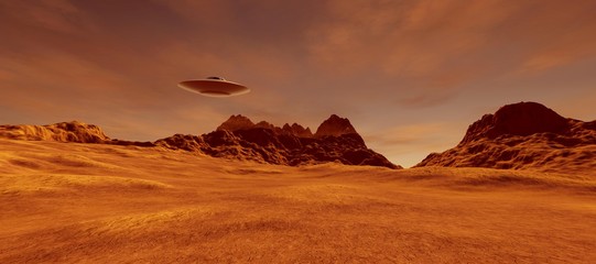 Extremely detailed and realistic high resolution 3d illustration of a ufo flying saucer space ship vehicle on mars like landscape © Sasa Kadrijevic