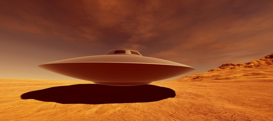 Fototapeta na wymiar Extremely detailed and realistic high resolution 3D illustration of an UFO Flying Saucer on a Mars like planet