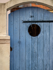 close-up of blue wooden vintage door