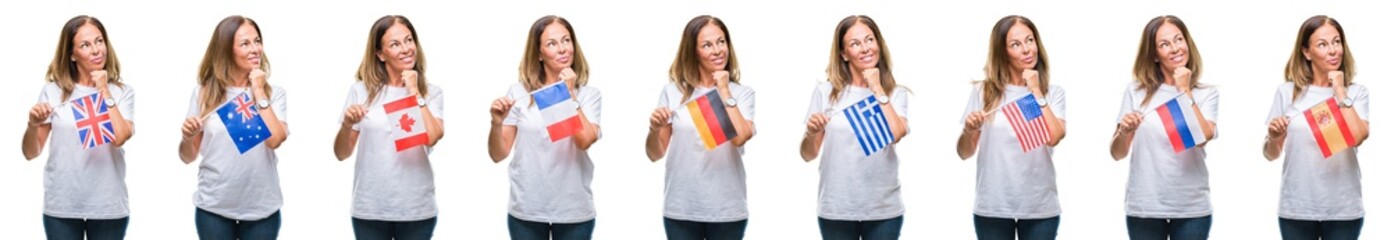 Collage of middle age mature woman holding flags of different countries over white isolated background serious face thinking about question, very confused idea