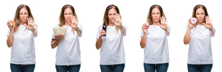 Collage of middle age mature woman eating food over white isolated background with open hand doing stop sign with serious and confident expression, defense gesture