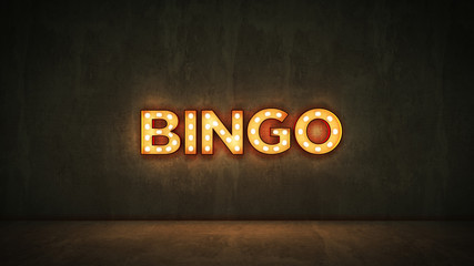Neon Sign on Brick Wall background - Bingo. 3d rendering