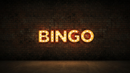 Neon Sign on Brick Wall background - Bingo. 3d rendering - obrazy, fototapety, plakaty