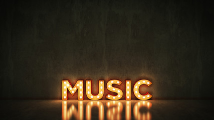 Neon Sign on Brick Wall background - Music. 3d rendering