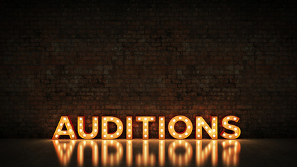 Neon Sign on Brick Wall background - Auditions. 3d rendering