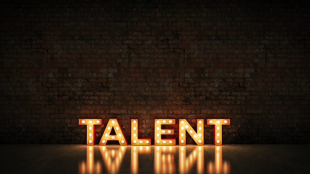 Neon Sign on Brick Wall background - Talent. 3d rendering