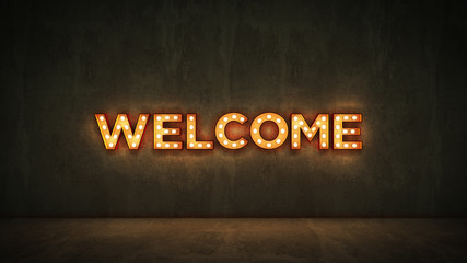 Neon Sign on Brick Wall background - Welcome. 3d rendering