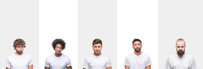 Collage of young caucasian, hispanic, afro men wearing white t-shirt over white isolated background depressed and worry for distress, crying angry and afraid. Sad expression.