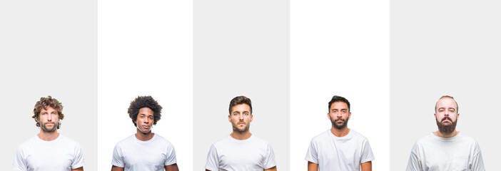 Collage of young caucasian, hispanic, afro men wearing white t-shirt over white isolated background with serious expression on face. Simple and natural looking at the camera.