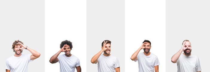 Collage of young caucasian, hispanic, afro men wearing white t-shirt over white isolated background doing ok gesture with hand smiling, eye looking through fingers with happy face.