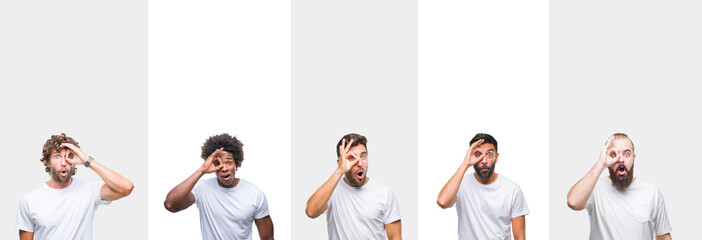 Collage of young caucasian, hispanic, afro men wearing white t-shirt over white isolated background doing ok gesture shocked with surprised face, eye looking through fingers. Unbelieving expression.