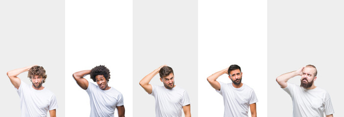 Collage of young caucasian, hispanic, afro men wearing white t-shirt over white isolated background confuse and wonder about question. Uncertain with doubt, thinking with hand on head