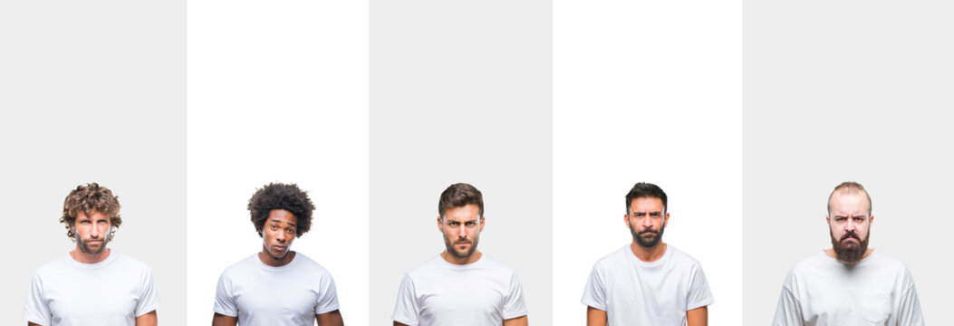 Collage of young caucasian, hispanic, afro men wearing white t-shirt over white isolated background skeptic and nervous, frowning upset because of problem. Negative person.