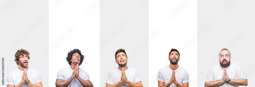 Canvas Prints Collage of young caucasian, hispanic, afro men wearing white t-shirt over white isolated background begging and praying with hands together with hope expression on face very emotional and worried