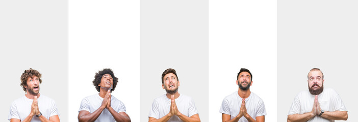 Collage of young caucasian, hispanic, afro men wearing white t-shirt over white isolated background begging and praying with hands together with hope expression on face very emotional and worried