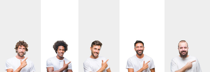 Collage of young caucasian, hispanic, afro men wearing white t-shirt over white isolated background cheerful with a smile of face pointing with hand and finger up to the side with happy and natural