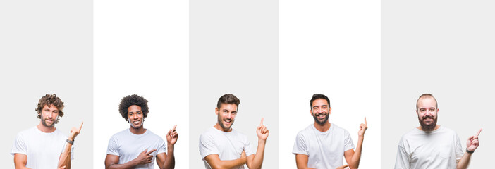 Collage of young caucasian, hispanic, afro men wearing white t-shirt over white isolated background with a big smile on face, pointing with hand and finger to the side looking at the camera.