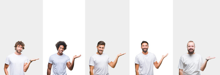 Collage of young caucasian, hispanic, afro men wearing white t-shirt over white isolated background smiling cheerful presenting and pointing with palm of hand looking at the camera.