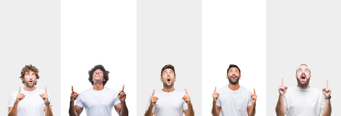 Collage of young caucasian, hispanic, afro men wearing white t-shirt over white isolated background amazed and surprised looking up and pointing with fingers and raised arms.