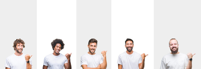 Collage of young caucasian, hispanic, afro men wearing white t-shirt over white isolated background smiling with happy face looking and pointing to the side with thumb up.