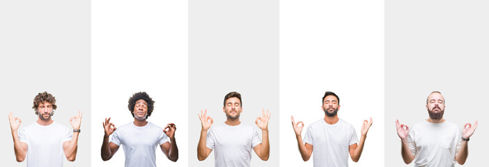 Collage of young caucasian, hispanic, afro men wearing white t-shirt over white isolated background relax and smiling with eyes closed doing meditation gesture with fingers. Yoga