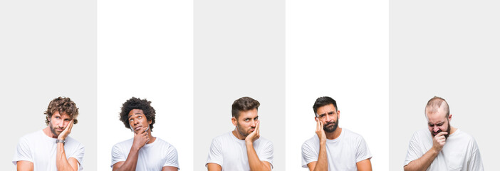 Collage of young caucasian, hispanic, afro men wearing white t-shirt over white isolated background thinking looking tired and bored with depression problems with crossed arms.