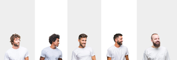 Collage of young caucasian, hispanic, afro men wearing white t-shirt over white isolated background looking away to side with smile on face, natural expression. Laughing confident.