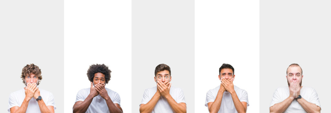 Collage of young caucasian, hispanic, afro men wearing white t-shirt over white isolated background shocked covering mouth with hands for mistake. Secret concept.